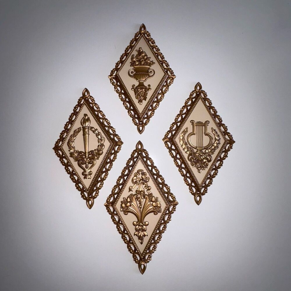 Vtg Homco Gold MCM Hollywood Regency 4 Ornate Diamond Wall Plaques Decor USA